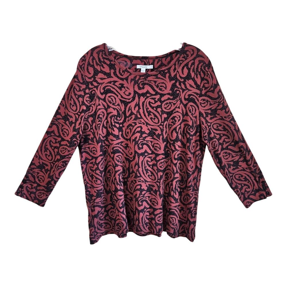 CHICO'S 3 Women's XL Top Bohemian Brown Black Long Sleeve Pima Cotton 42"